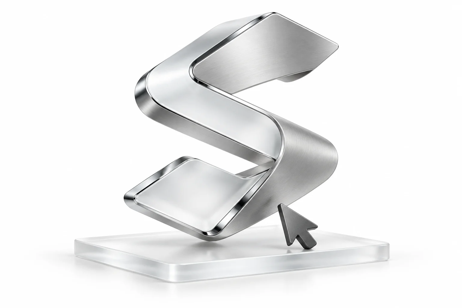A sculptural silver S and graphite cursor on a white glass platform, representing human control.