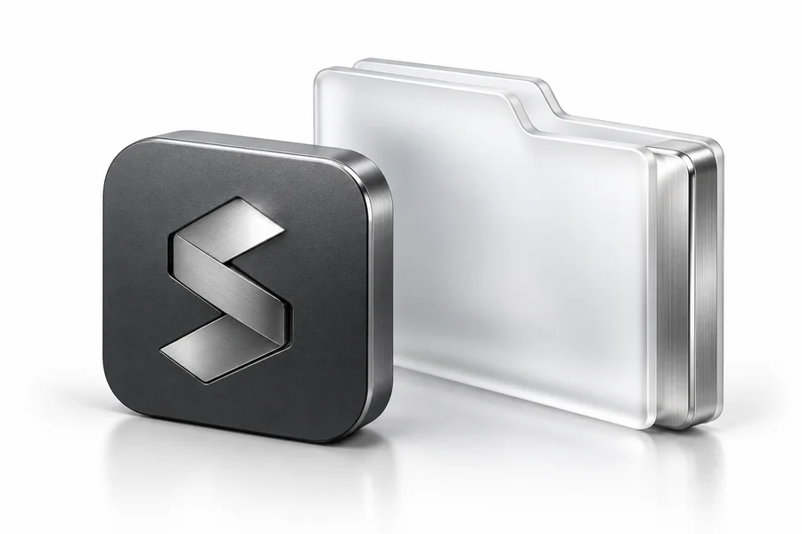 A graphite application tile beside a frosted glass folder, illustrating the app and its data traveling together.